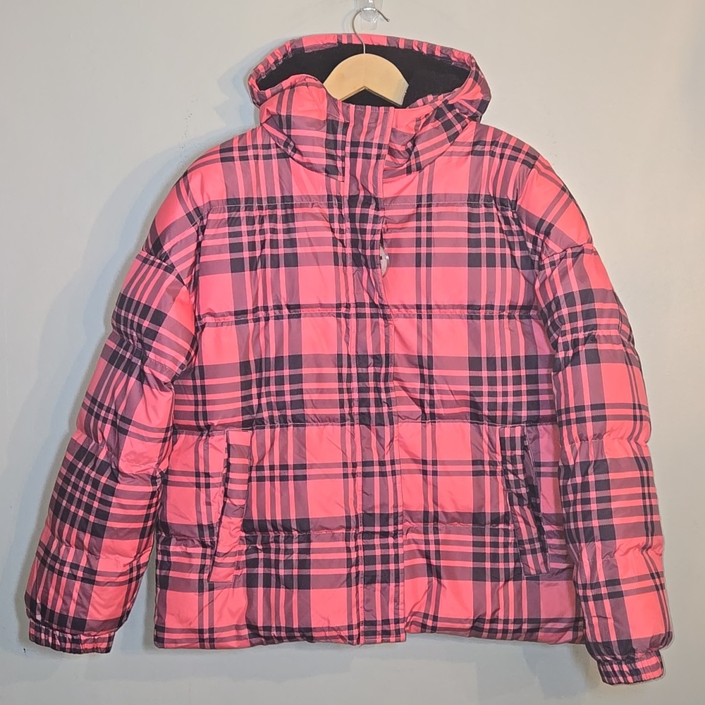 Juicy Couture Black Label Day Glo Pink Tartan Plaid Hooded Down Puffer Jacket